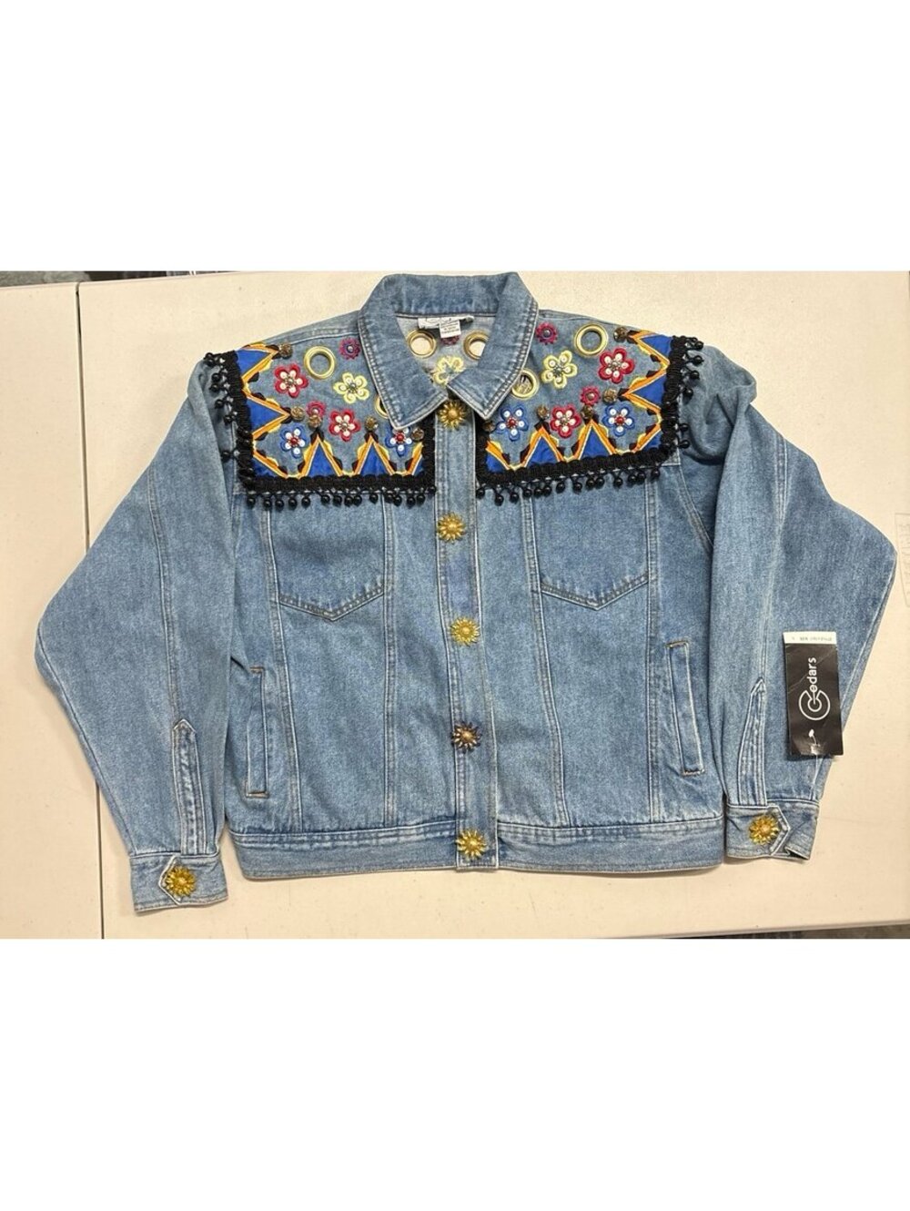 Vintage 90s Cedars Embellished Denim Jacket Floral Beaded Fringe Grommets Sz L